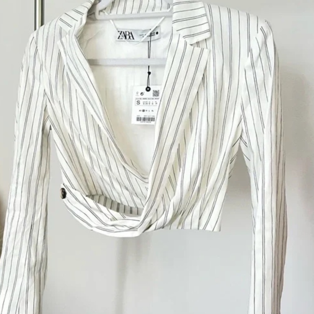 Zara White Black Wrap Crop Blouse
